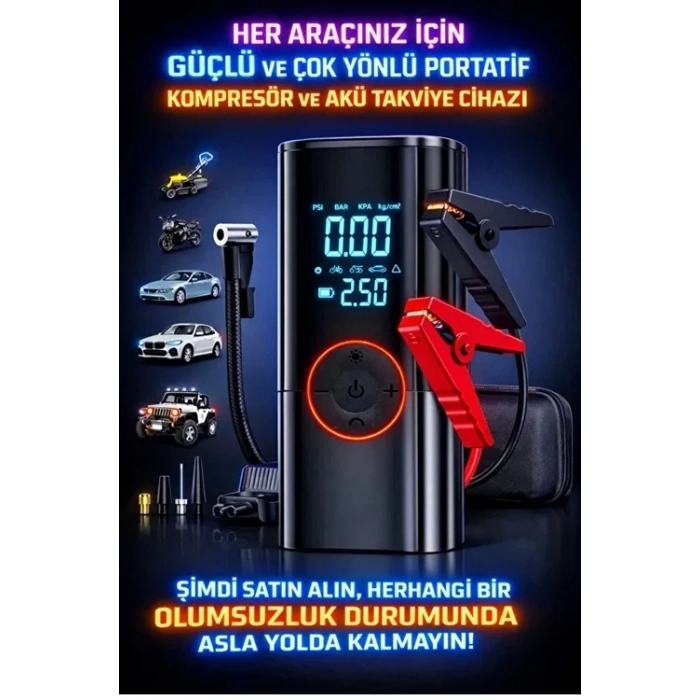 St-9650 Şarjlı 10.000 Mah Taşınabilir Araç Hava Kompresörü Akü Takviyeli Dijital Ekranlı Işıklı Çantalı