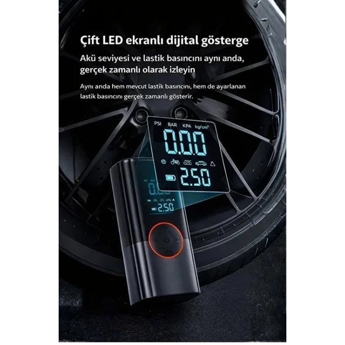 St-9650 Şarjlı 10.000 Mah Taşınabilir Araç Hava Kompresörü Akü Takviyeli Dijital Ekranlı Işıklı Çantalı