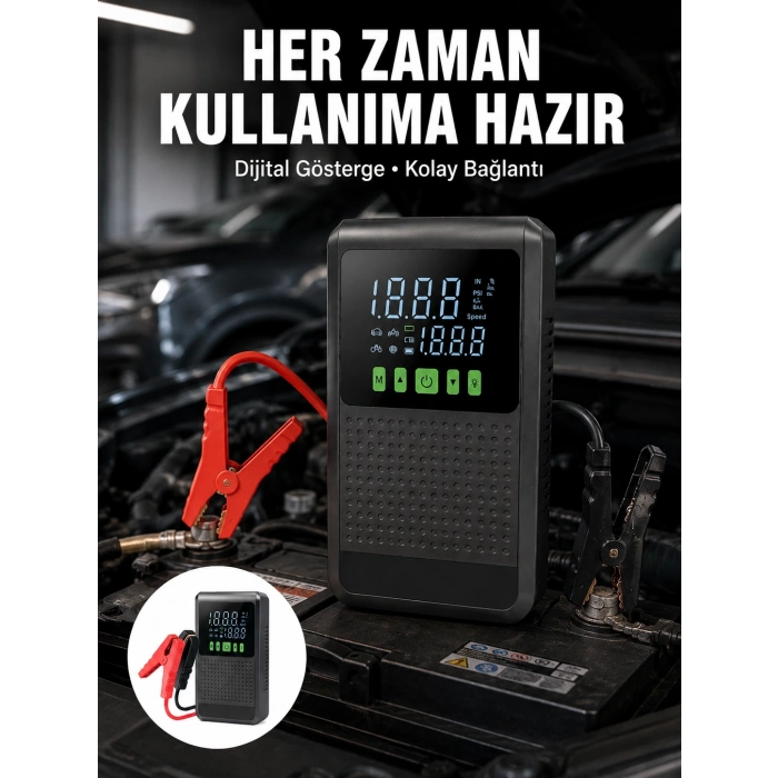 Taşınabilir Araç Akü Şarj Takviye Cihazı 150 Psı Dijital Kompresör Yeni Nesil