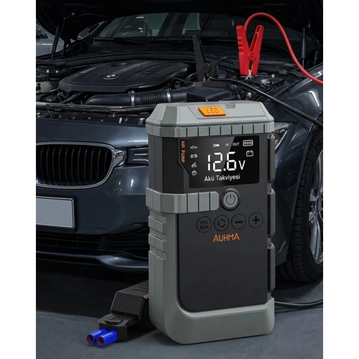 Taşınabilir Araç Çalıştırma Jump Starter Hava Pompası Dijital Basınç Göstergeli Güç Bankası