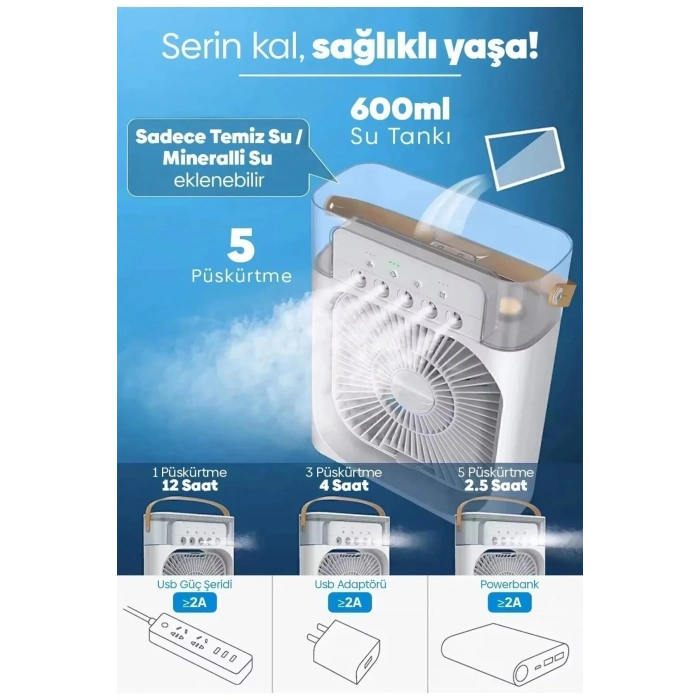 Taşınabilir Işıklı 5 Spreyli Vantilatör Buzlu Buharlı Vantilatör Mini Fan Nemlendirici