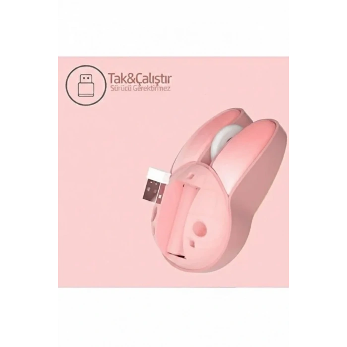 Tavşan Figürlü Kablosuz Mouse Pil Dahil Etiket Hediyeli Pembe