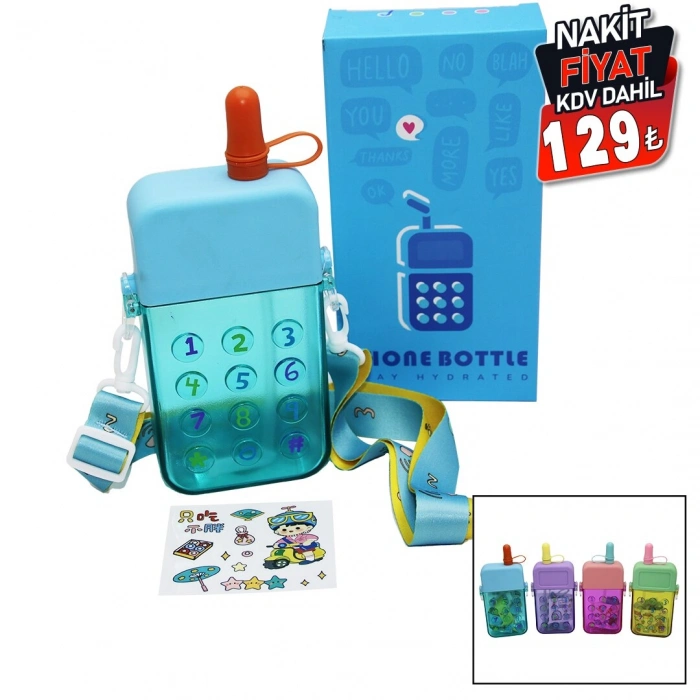 TELEFON MODELİ RENKLİ MİKA KRİSTAL SULUK MATARA PİPETLİ - VİDALI KAPAK - ASKILI 300ML (5263)