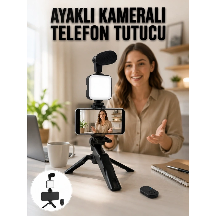 Telefon Tutucu Led Işıklı Kumandalı Mikrofon Telefon Vlog Video Kayıt Yeni Nesil