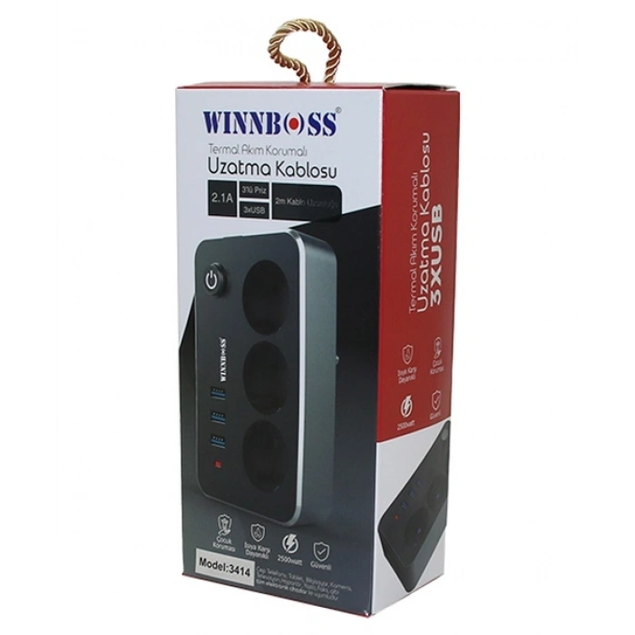 TERMAL AKIM KORUMALI 2.1A 3LÜ PRİZ 3XUSB 2MT ANAHTARLI UZATMA KABLO SİYAH (5263)