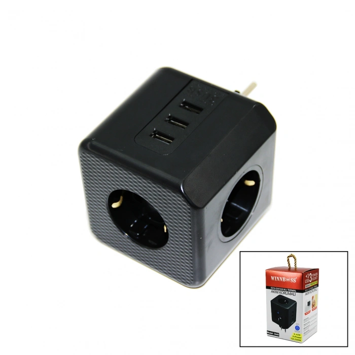TERMAL AKIM KORUMALI  3X PRİZ 3X USB DUVAR TİPİ PRİZ SİYAH 10A - 2500W (5263)