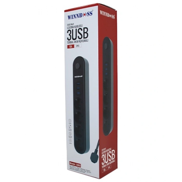 TERMAL AKIM KORUMALI 4LÜ PRİZ 3XUSB 2MT ANAHTARLI UZATMA KABLO SİYAH 10A - 2500W (5263)
