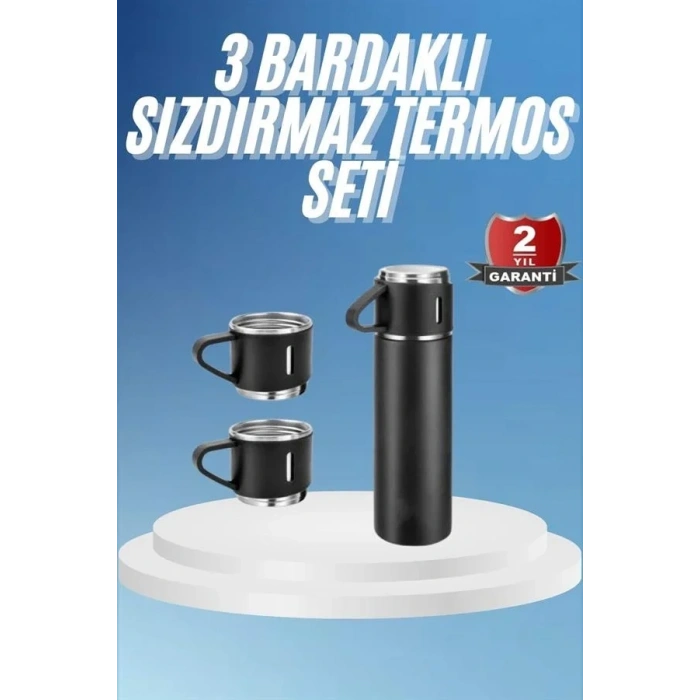Termos Paslanmaz Çelik Termos Siyah Renk 3 Bardaklı Termos Seti