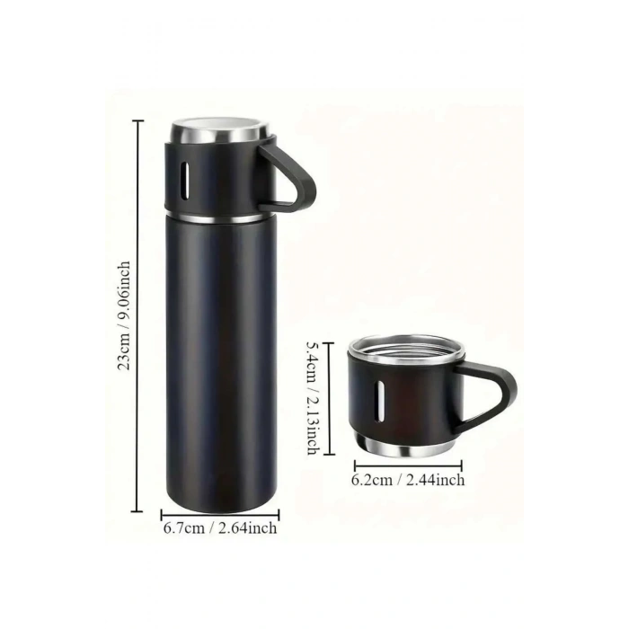 Termos Seti 3lü Bardak Seti Isı Dayanıklı Siyah Paslanmaz Çelik Vakumlu