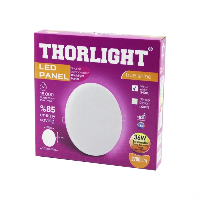 THORLIGHT S-236 36W 22CM BEYAZ LED PANEL SIVA ALTI AYARLI MANDALLI 6400K - 2700LM - 18000 SAAT - 2835 SMD (5263)