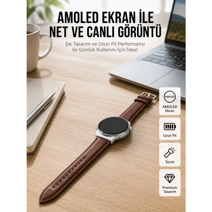 Torch Özellikli Amoled Ekranlı Akıllı Saat Uzun Pil Yeni Nesil
