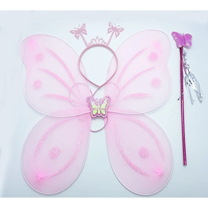 Toz Pembe Renk Kelebek Kanadı Tacı ve Sopası 50x37 cm (5263)