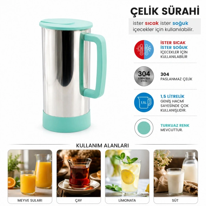TURKUAZ - PASLANMAZ ÇELİK SICAK - SOĞUK ÇELİK SÜRAHİ (5263)