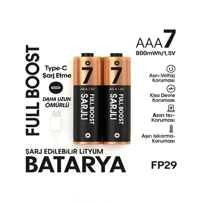 Type-c Şarjlı 800mwh 1.5v Şarj Edilebilir 2’li Aaa İnce Pil - Lityum Iyon Batarya