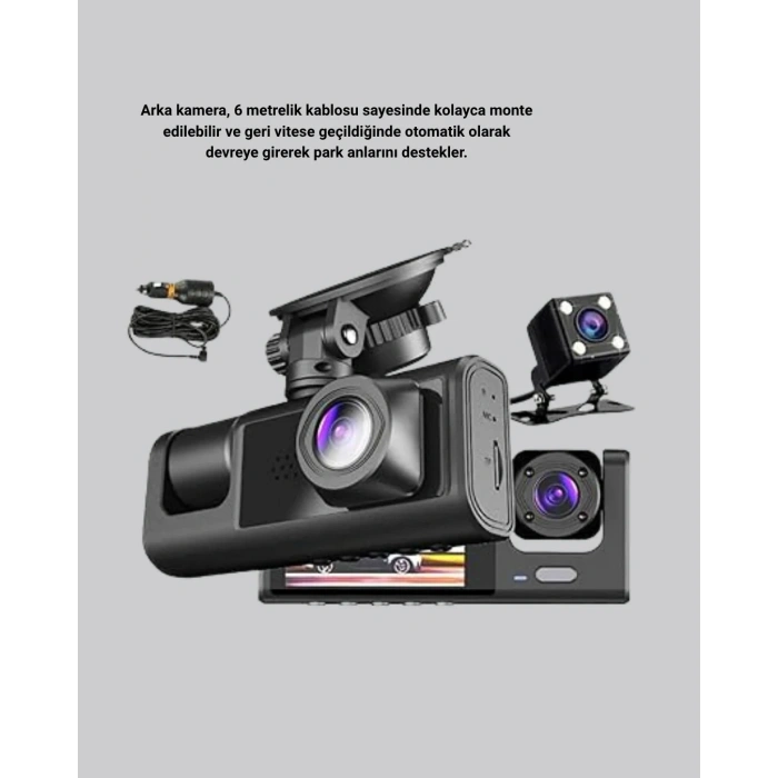 Üç Kameralı Araç Dvr Full Hd Gece Görüşlü Ve 2 İnç Ips Ekranlı