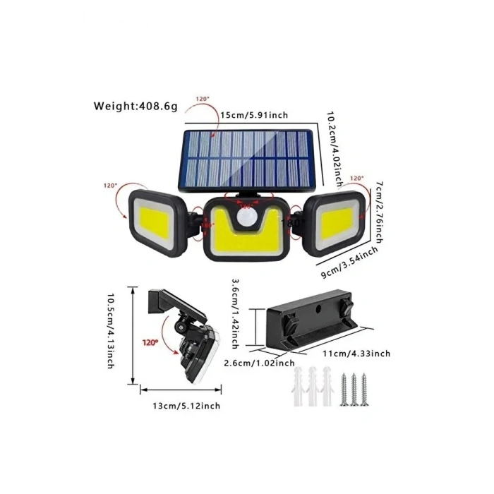 Üçlü Solar Led Projektör – Beyaz Işık – Sensörlü Dış Mekân Aydınlatma (5263)
