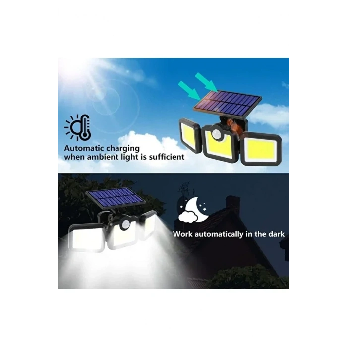 Üçlü Solar Led Projektör – Beyaz Işık – Sensörlü Dış Mekân Aydınlatma (5263)