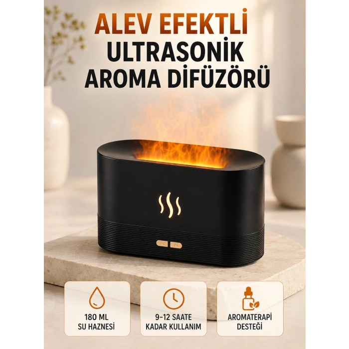 Ultrasonik Aromaterapi Difüzörü 180 Ml Hazneli Dekoratif Alev Efektli Nemlendirici