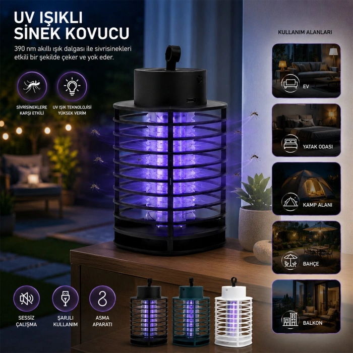 USB ŞARJLI - 2 RENK IŞIK ASMA APARAT - SESSİZ ÇALIŞMA UV IŞIKLI SİNEK KOVUCU HS-373 (5263)