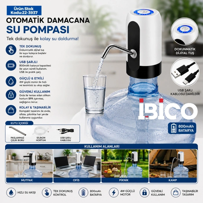USB ŞARJLI - OTOMATİK DAMACANA SU POMPASI 4W - 800mAH İ11-071 (5263)