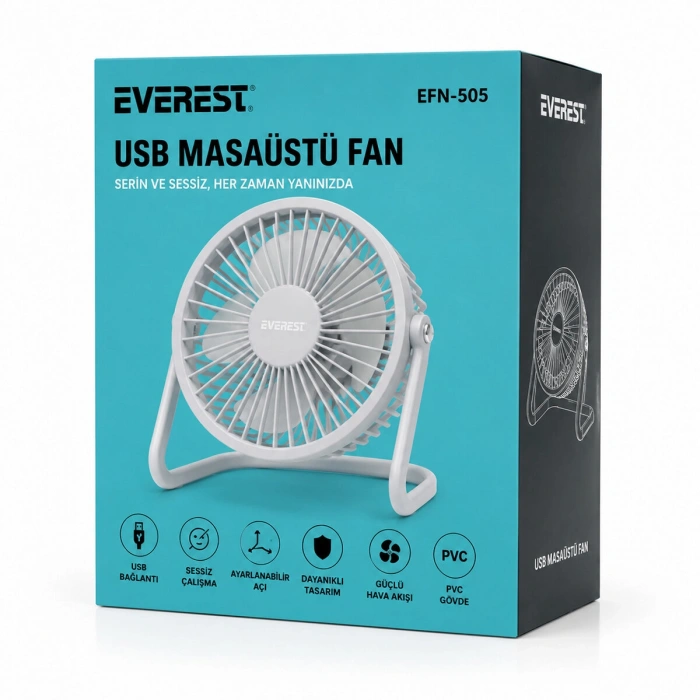 USB ŞARJLI - PVC GÖVDE 14.5X14.1CM MASA ÜSTÜ FAN - VANTİLATÖR EFN-505 (5263)