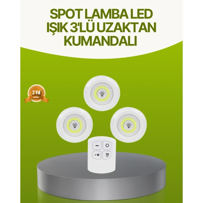 Uzaktan Kumandalı 3 Lü Kablosuz Led Spot Lamba Seti Yapışkanlı Pratik Kullanım