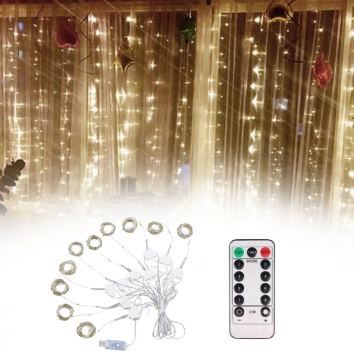Uzaktan Kumandalı LED Perdeye Takılabilen Kancalı Işık Usb 3x3 Metre Peri Perde LED (5263)