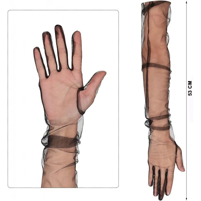 Uzun Boy Likralı Siyah Renk Yetişkin Mega Tül Eldiven 53 cm (5263)