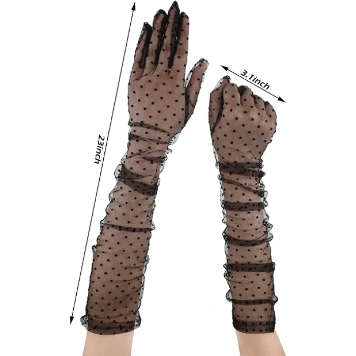 Uzun Boy Siyah Puantiyeli Siyah Renk Yetişkin Tül Eldiven 55 cm (5263)