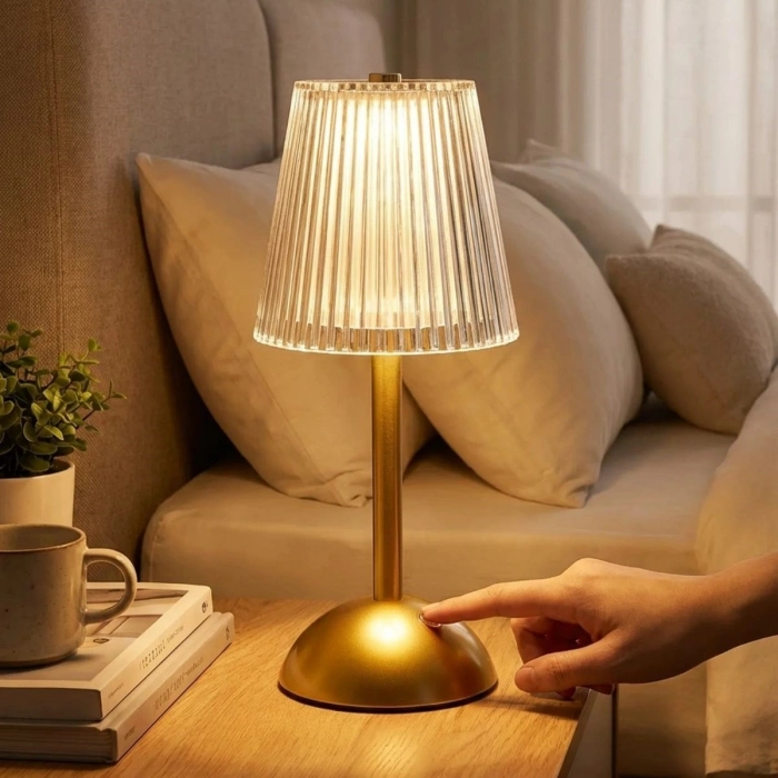 Uzun Klasik Çizgili Model LED Masa Lambası – Dokunmatik, 3 Renk Işık Modlu, Şarjlı Dekoratif Gece Lambası (5263)