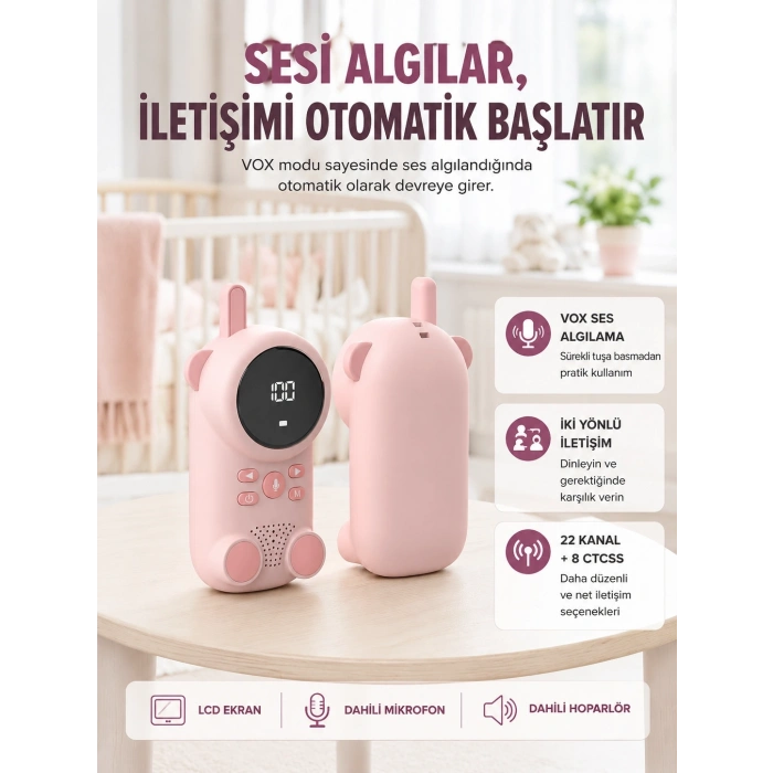 Uzun Menzilli Bebek Telsizi 1-3 Km Çekim 22 Kanal Lcd Ekran Vox Şarjlı