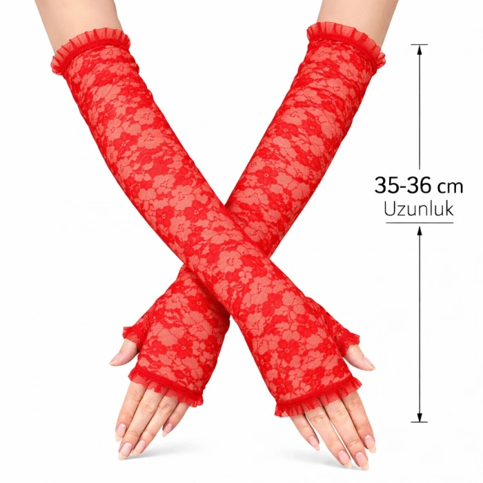 Uzun Zarif Dantel Eldiven Parmaksız Kırmızı 35 cm (5263)