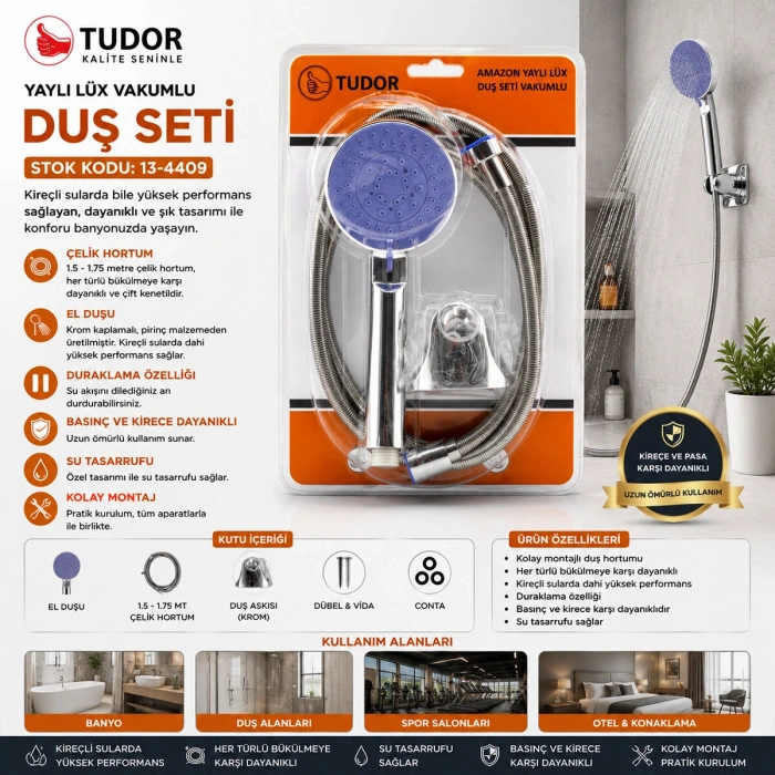 VAKUMLU - KROM LÜKS DUŞ SETİ METAL YAYLI HORTUM=150CM MAFSAL (5263)
