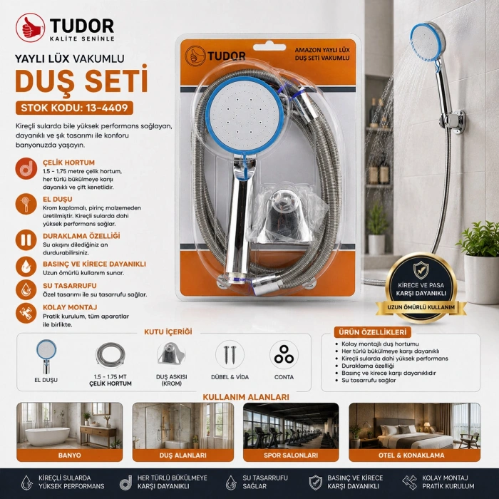 VAKUMLU - KROM LÜKS DUŞ SETİ METAL YAYLI HORTUM=150CM MAFSAL (5263)