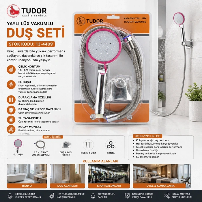 VAKUMLU - KROM LÜKS DUŞ SETİ METAL YAYLI HORTUM=150CM MAFSAL (5263)