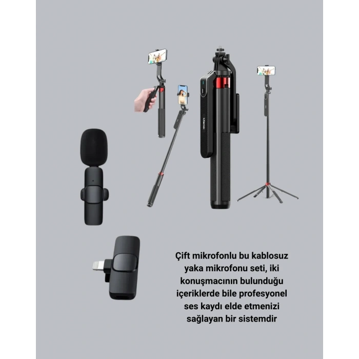 Vlog Ve Canlı Yayın İçin Çift Yaka Mikrofonu Ve Tripodlu Selfie Çubuğu Seti