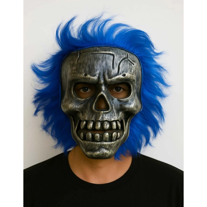 Wild Skull - Gümüş Kafatası Mavi Saçlı İskelet Maske (5263)