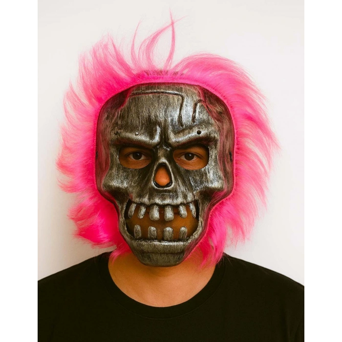 Wild Skull - Gümüş Kafatası Pembe Saçlı İskelet Maske (5263)