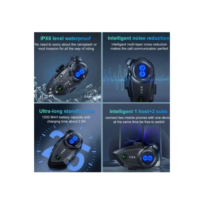 Y5x Rgb Işıklı Intercom 5 Kişi Bağlantılı 1000mah Motosiklet Bluetooth Kulaklık Seti