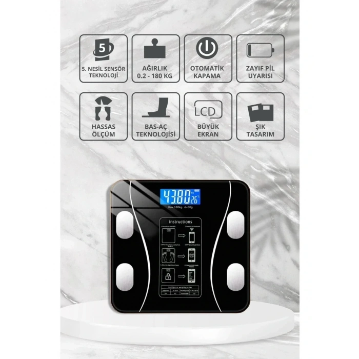 Yağ Ölçer Fonksiyonlu Dijital Baskül Elektronik Tartı Akıllı Bluetooth Lcd Dijital Ekran Ev Vücut (5263)
