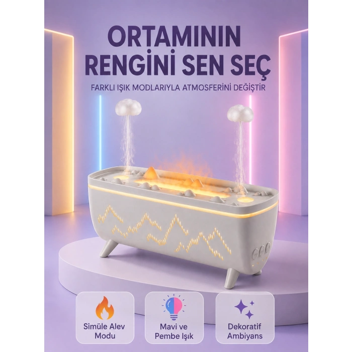 Yağmur Efektli Hava Nemlendirici 280 Ml Aromaterapi Difüzörü Alev Modlu Uzaktan Kumandalı