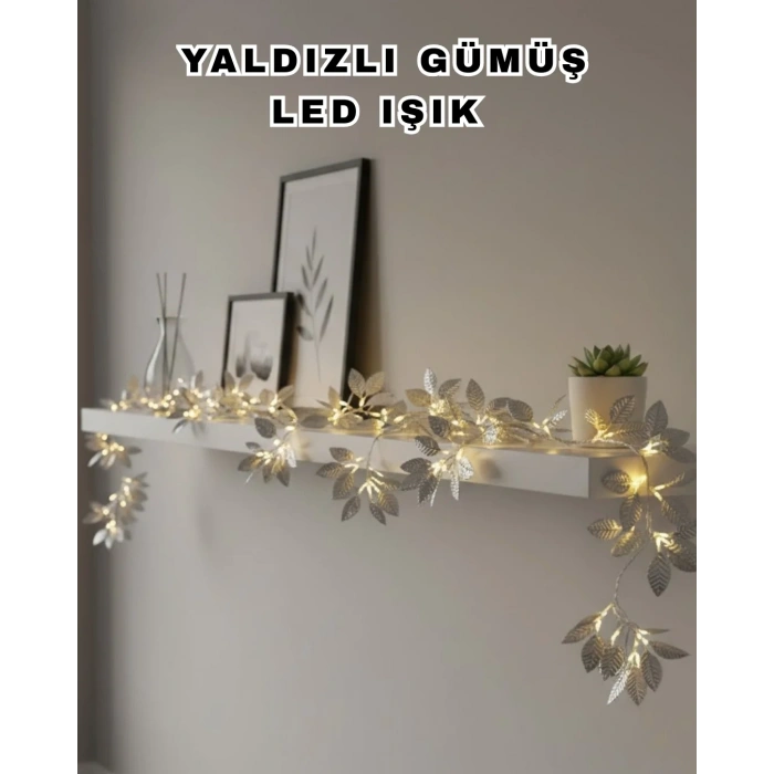 Yaldızlı Gümüş Yaprak Led Işık Pilli Dekoratif Ortam Ve Yılbaşı Aydınlatması