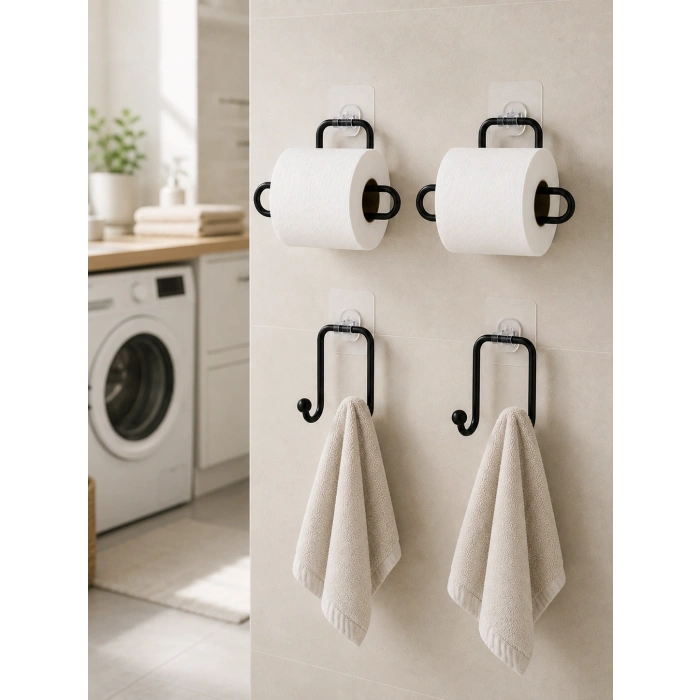 Yapışkanlı Banyo Düzenleme Seti 2 Rulo Tutucu 2 Havlu Askılığı 4 Parça