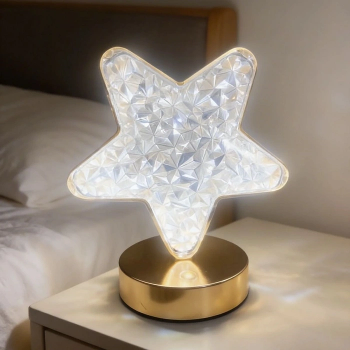 Yıldız Model Kristal LED Masa Lambası – Dokunmatik, 3 Renk Işık Modlu, Şarjlı Mini Dekoratif Gece Lambası (5263)