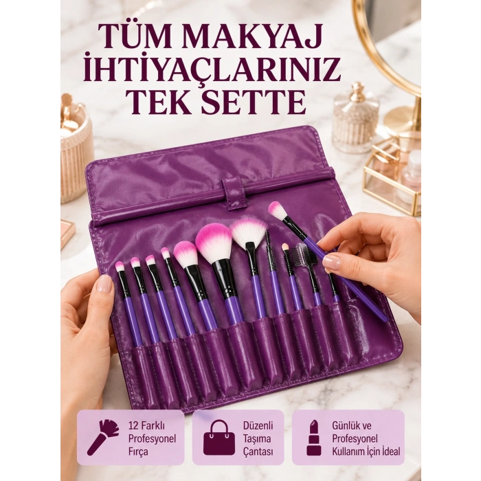 Yumuşak Fiber Kıllardan Oluşan 12li Makyaj Fırçası Seti Göz Farı Allık Ve Kontür İçin