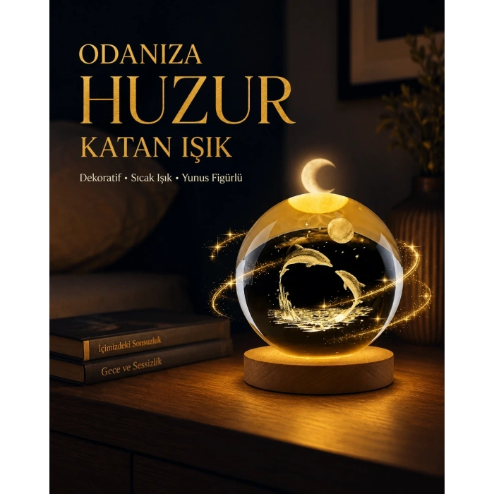Yunus Temalı Kristal Küre Usb Işıklı Ahşap Altlıklı Gece Lambası