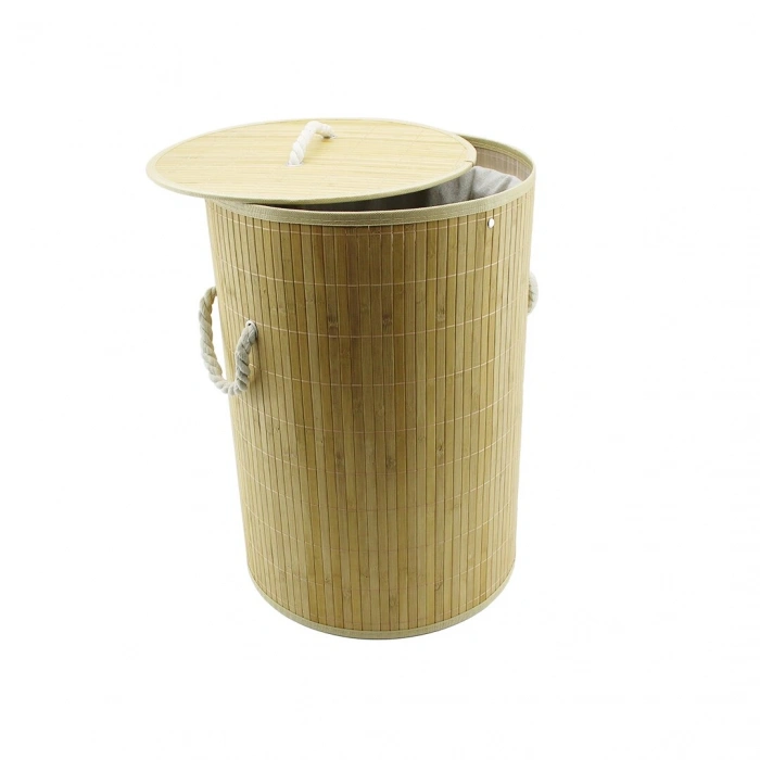 YUVARLAK BAMBU AHŞAP KİRLİ ÇAMAŞIR SEPETİ 35X60CM SEYYAR KAPAKLI İÇİ BEZLİ İP KULPLU (5263)