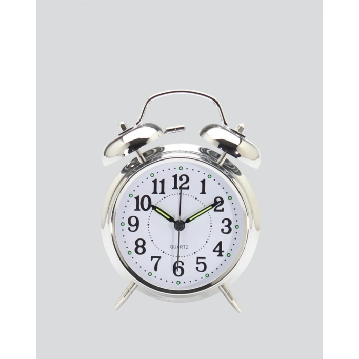 Yuvarlak Gümüş Dekoratif Işıklı Masa Üstü Saat Alarmlı Sessiz Çalışma