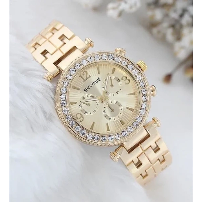 Zarif Ve Şık Özel Tasarım Zirkon Taşlı Metal Bayan Kol Saati (gold)