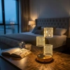 3 Parça Silindirik Kristal Ekose Kareli LED Masa Lambası – Gold Gövdeli, Dokunmatik, 3 Kademe Işık Ayarlı Şarjlı Dekoratif Lamba (5263)